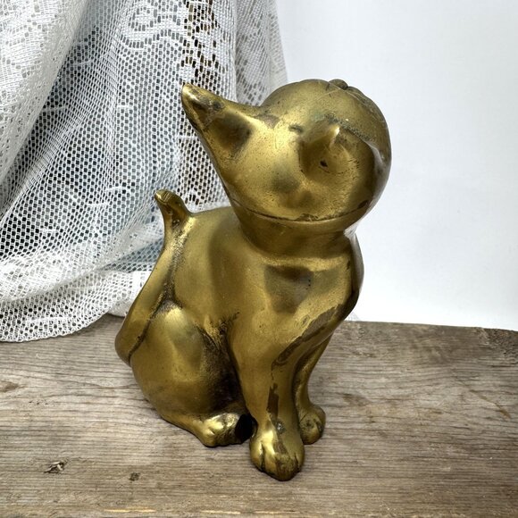 Vintage Solid Brass Cat Figurine Statue 5" Tall Decorative Home Decor - Picture 7 of 9